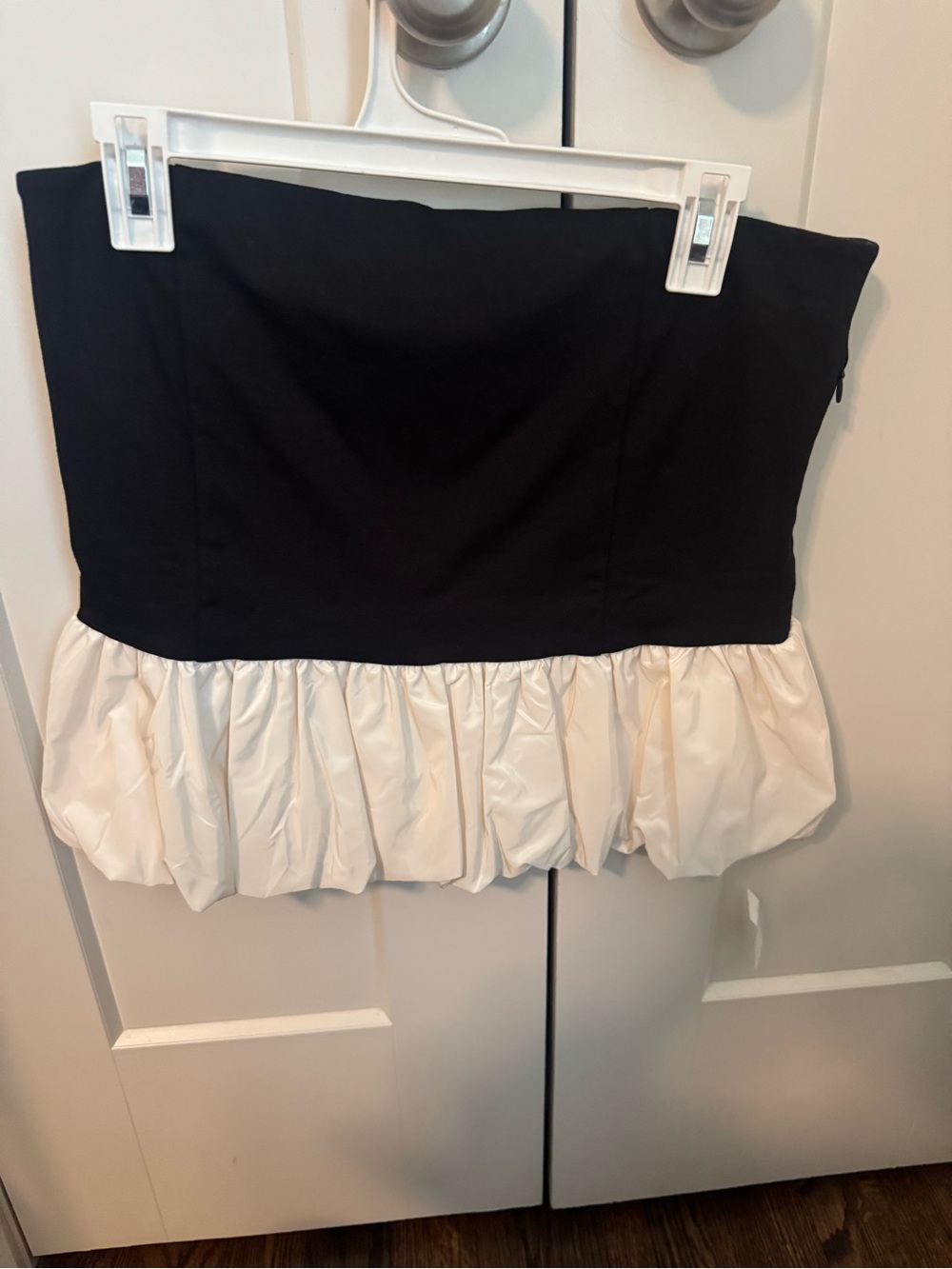 LOFT Black Strapless Peplum Bubble Hem Top with White Ruffle
